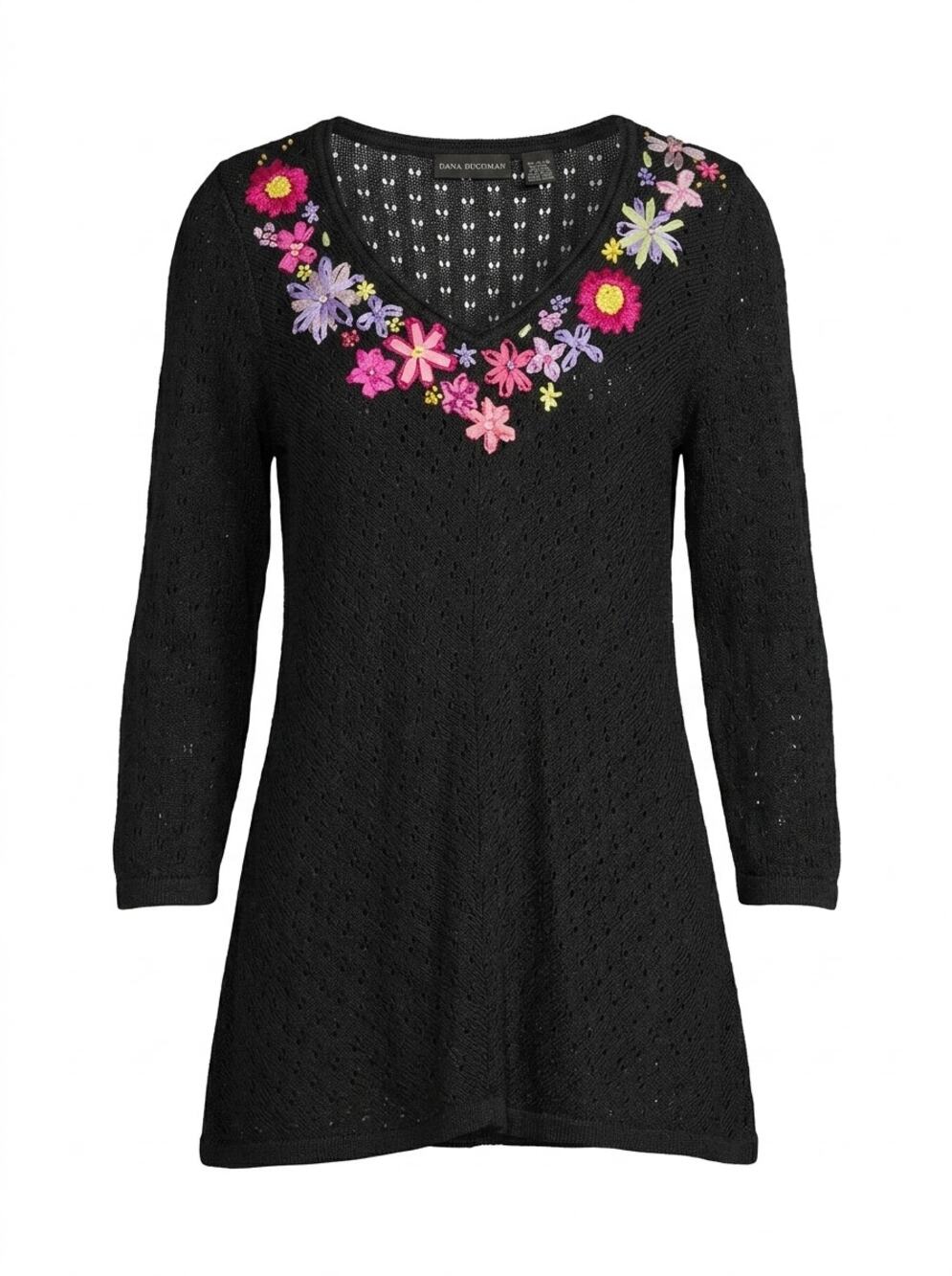 Dana Buchman 100% Silk Black Ribbon V-Neck Sweater Women See Measurements
